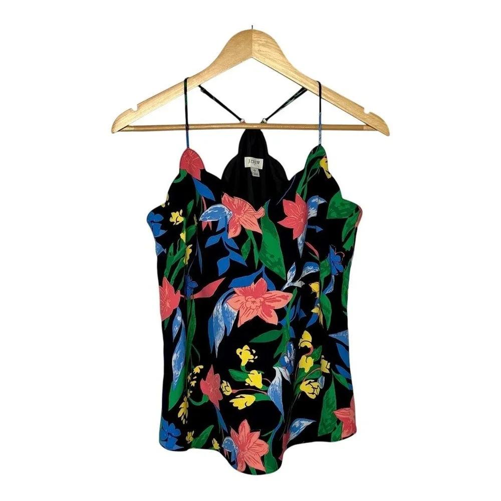 J.Crew Scalloped Floral Cami‎ Women 0 Black Pink Blue Tropical Summer Tank Top